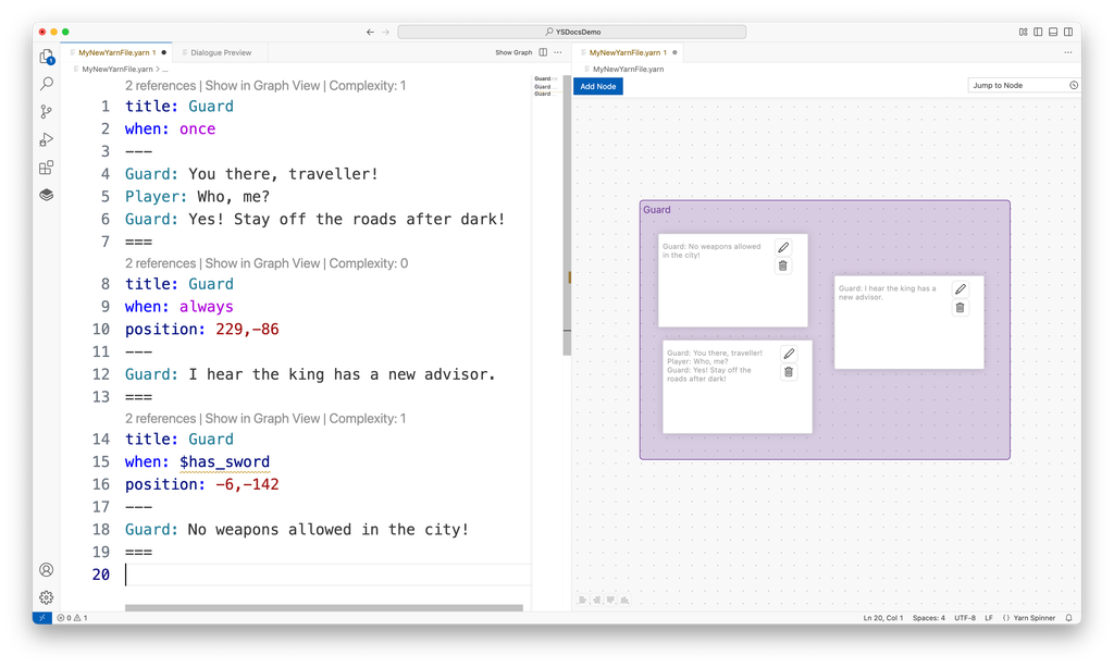 VS Code with three nodes titled Guard on the left, each with a different when: header, and the Graph View on the right showing the three nodes inside a purple box labelled Guard.
