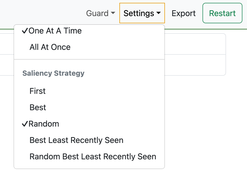 The Settings menu of the Preview, open, with a Saliency Strategy list: First, Best, Random, Best Least Recently Seen, and Random Best Least Recently Seen. Random is ticked.