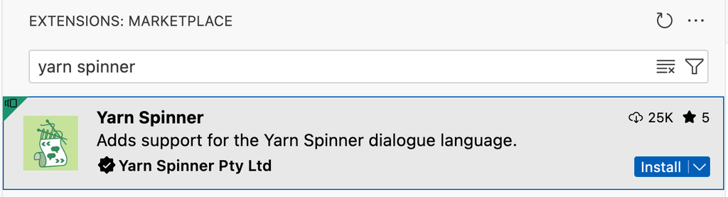 The Extensions view, with yarn spinner in the search field, and the verified Yarn Spinner extension by Yarn Spinner Pty Ltd with its Install button.