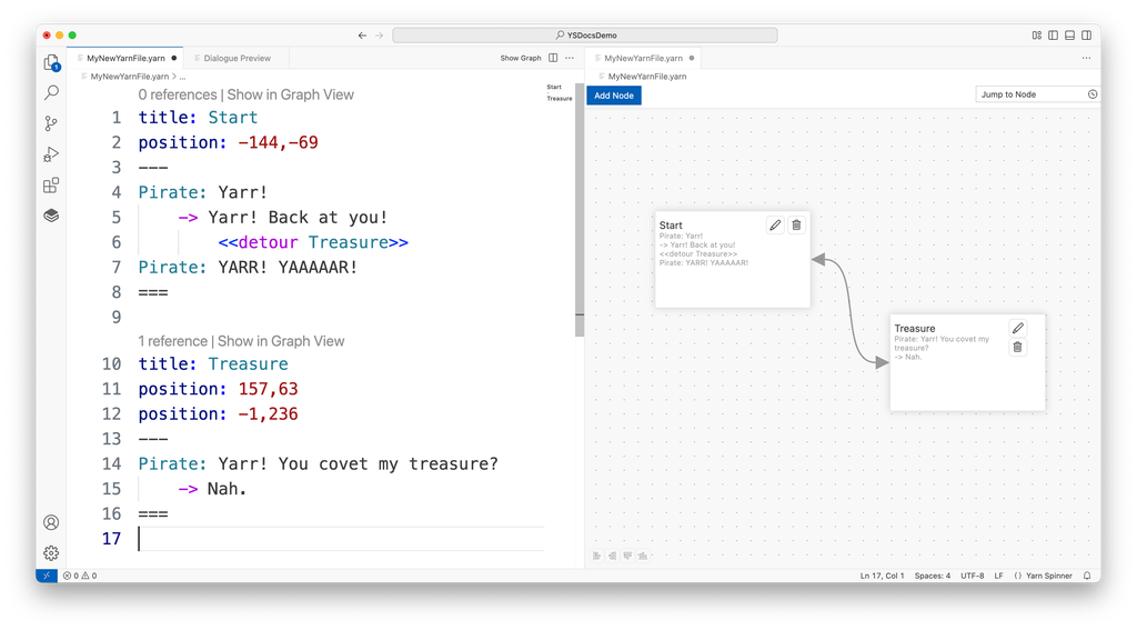 VS Code with a Yarn file on the left and the Graph View on the right. The Start node contains <<detour Treasure>>, and a line with an arrow at each end joins the Start node and the Treasure node.