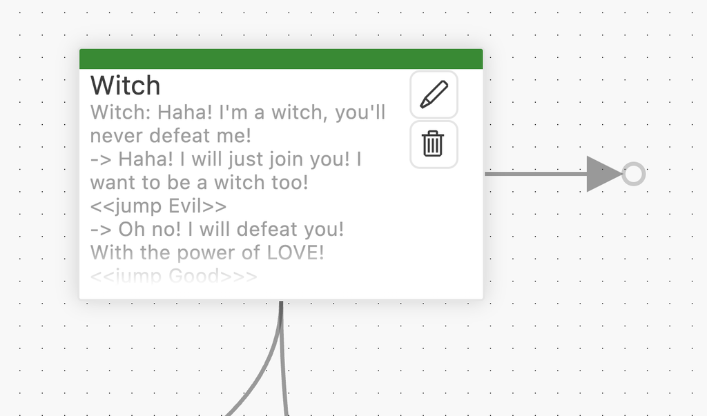 The Witch node in the Graph View, with a line leading out of it to an arrow and a small empty circle.