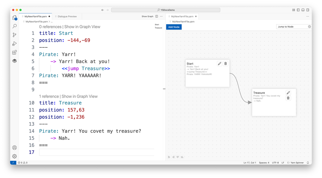 VS Code with a Yarn file on the left and the Graph View on the right. The Start node contains <<jump Treasure>>, and an arrow leads from the Start node to the Treasure node.