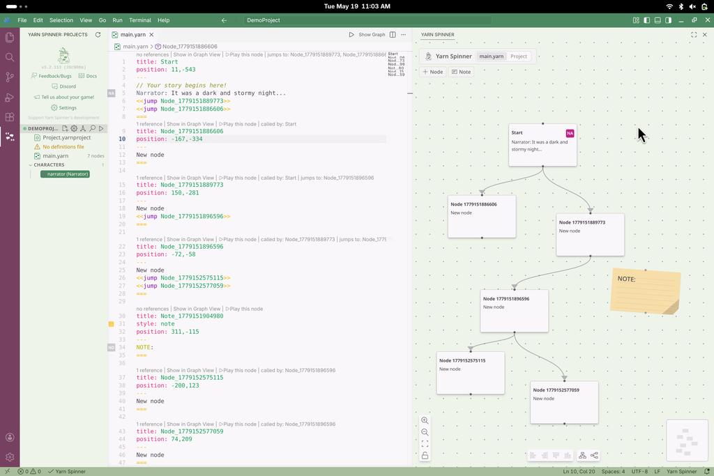 The Yarn Spinner editor in Visual Studio Code, showing a Yarn script alongside the visual node graph