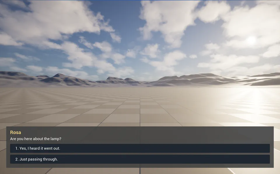 Rosa asking a question in an Unreal Engine level, with two options to choose from.