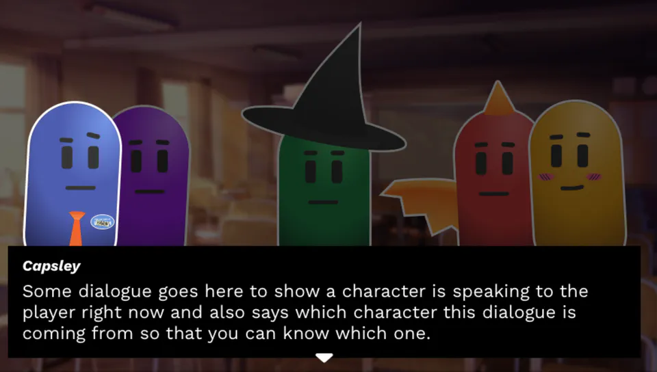 Five characters lined up in a classroom, with a visual novel dialogue box below them.
