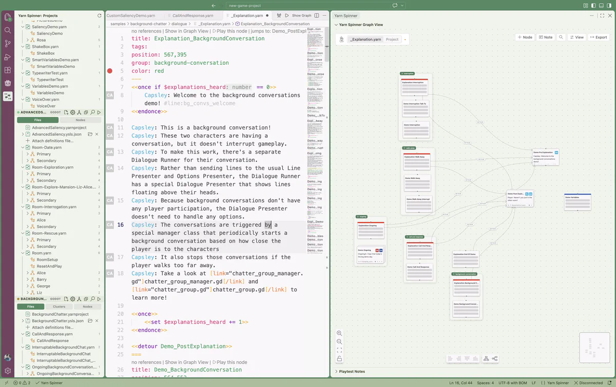 Yarn Spinner for VS Code, with a Yarn script open on the left and the graph view of its nodes on the right.