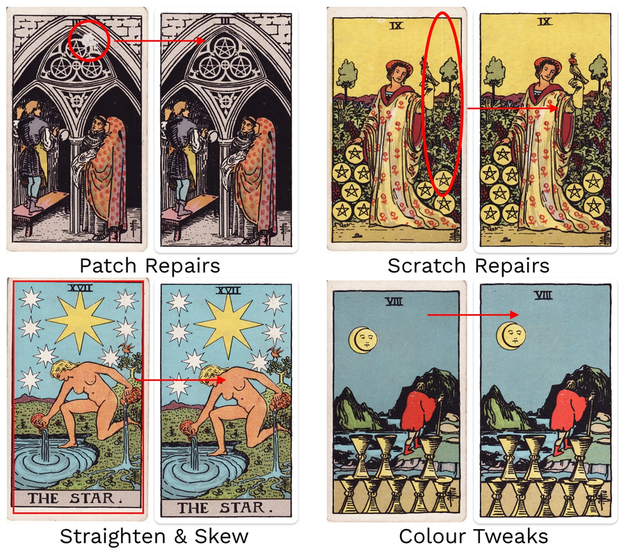 Before and after examples of RWS tarot card cleanup: patch repairs, scratch repairs, straightening and skew correction, and colour tweaks