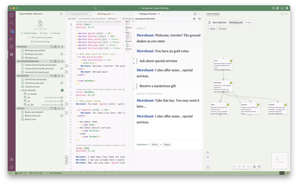 Yarn Spinner for VS Code showing the editor, dialogue preview, and graph view