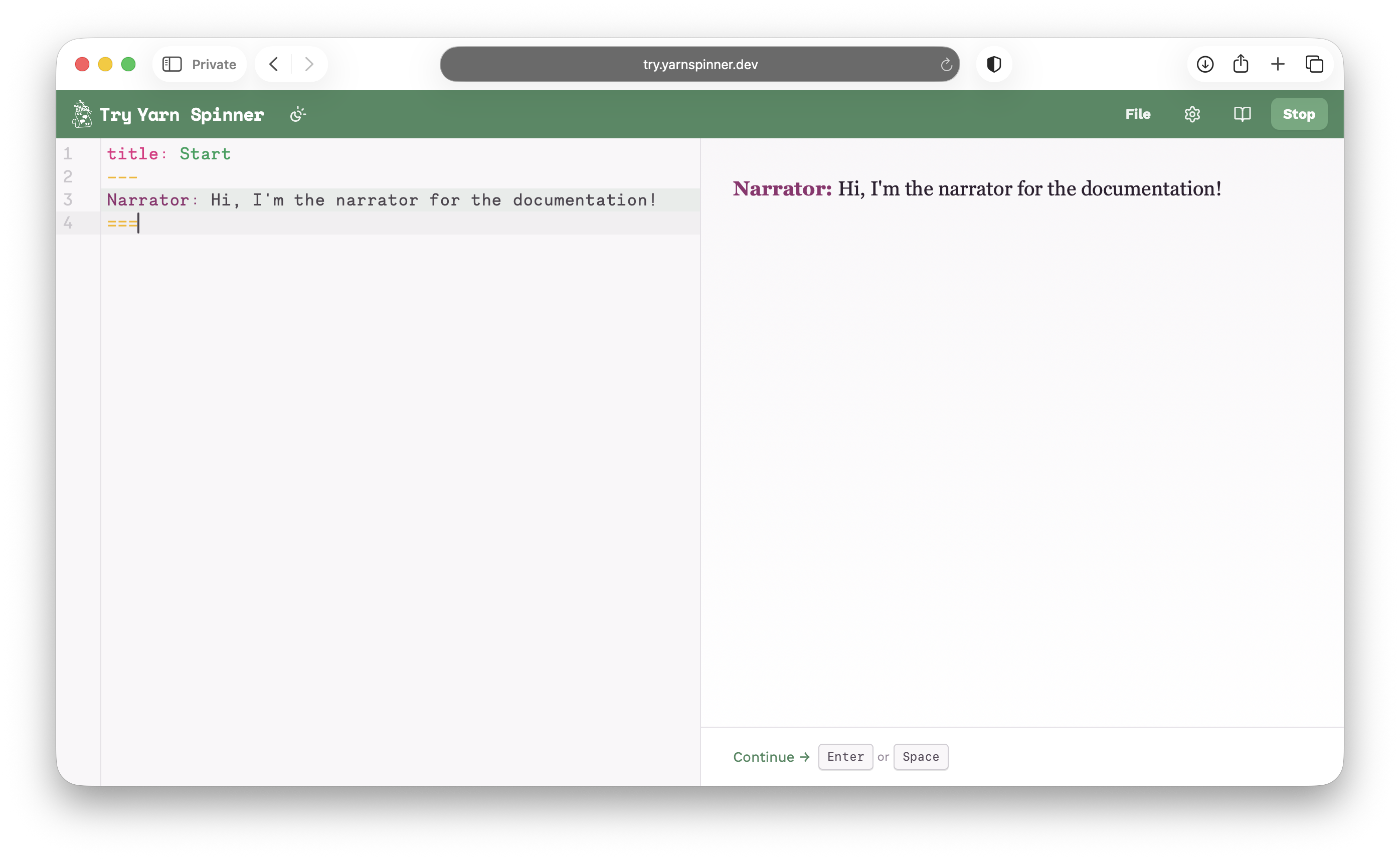 Try Yarn Spinner showing the Start node running