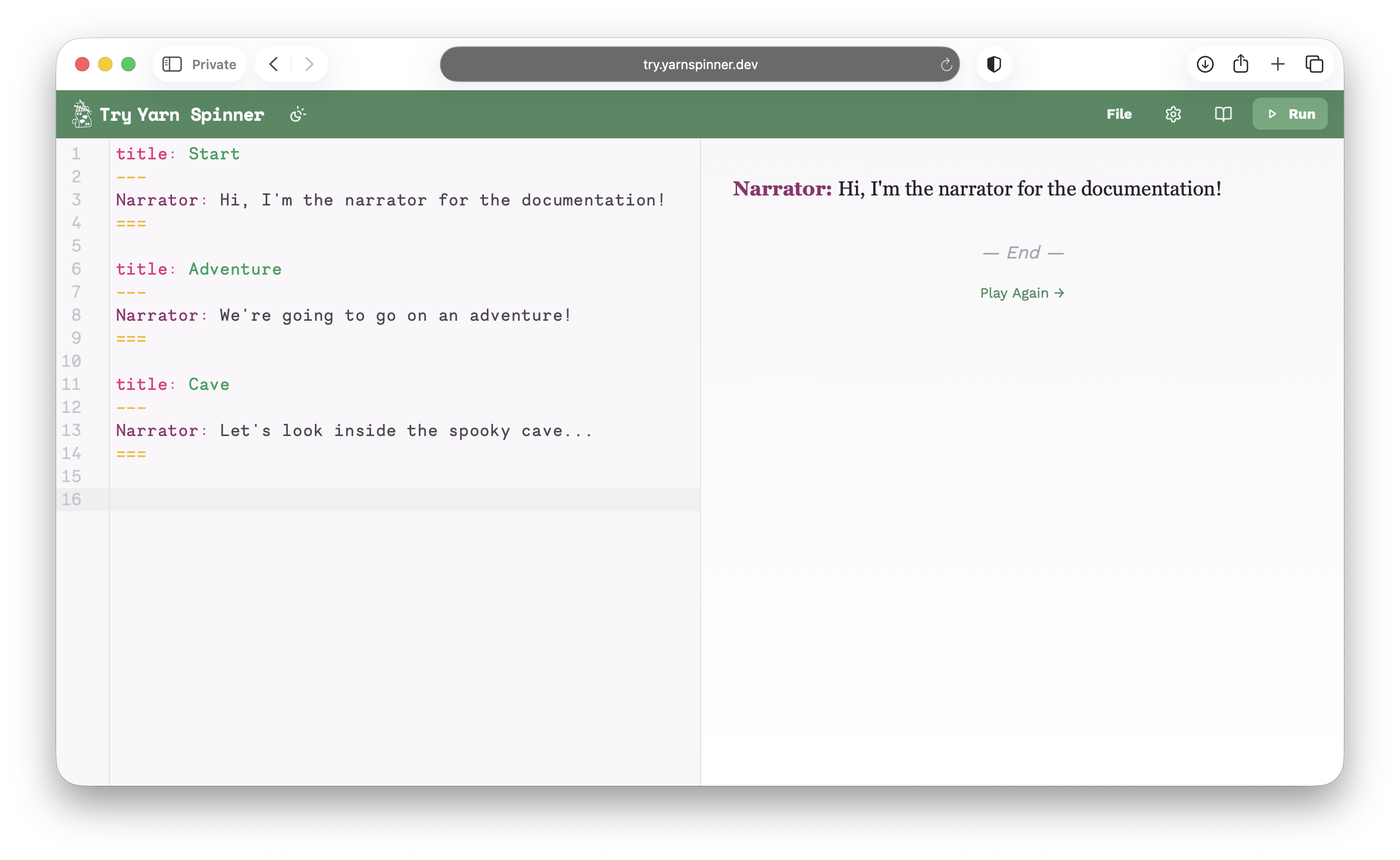Try Yarn Spinner showing three nodes but only the Start node runs