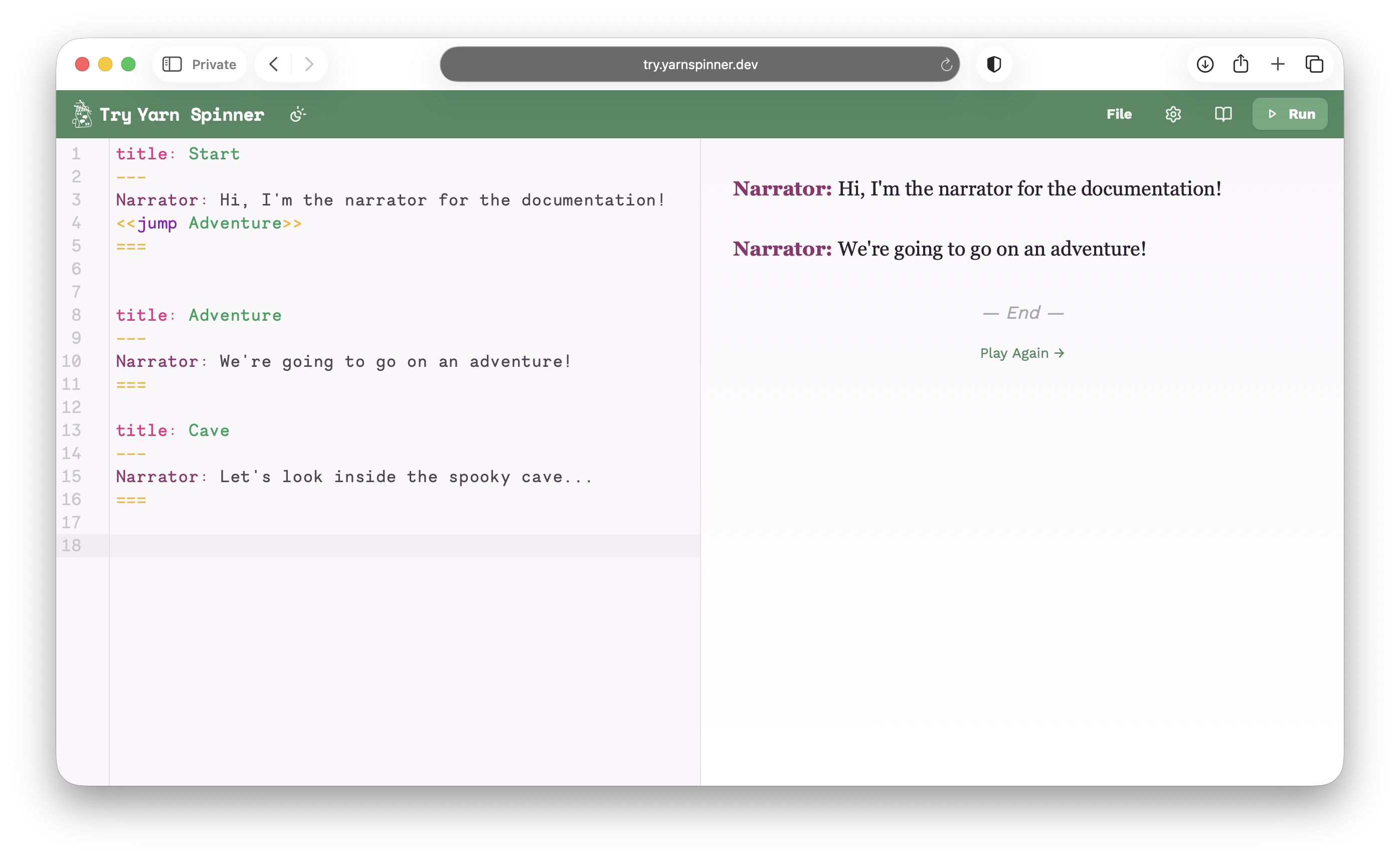 Try Yarn Spinner showing the jump command connecting Start to Adventure