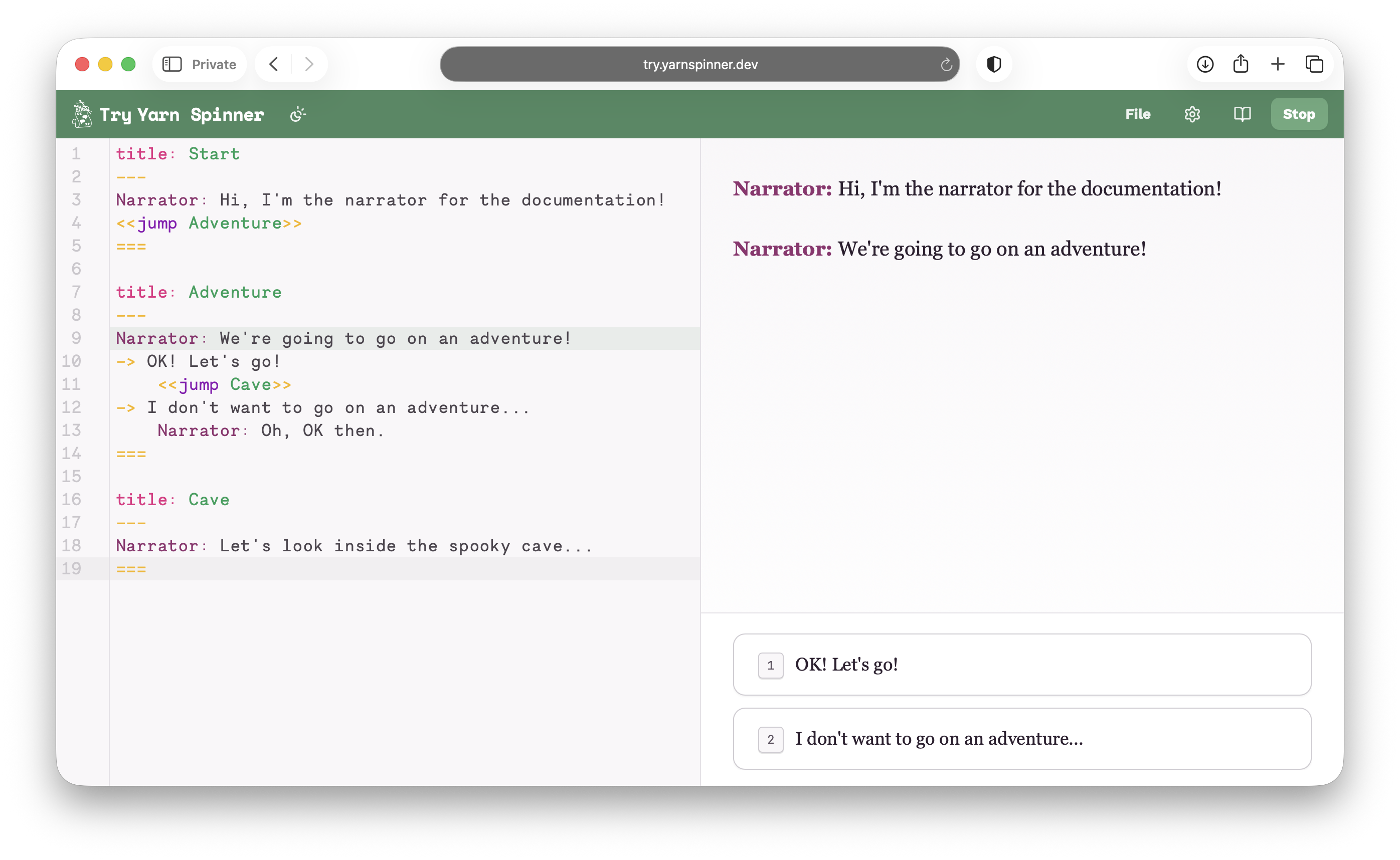 Try Yarn Spinner showing options presented to the player