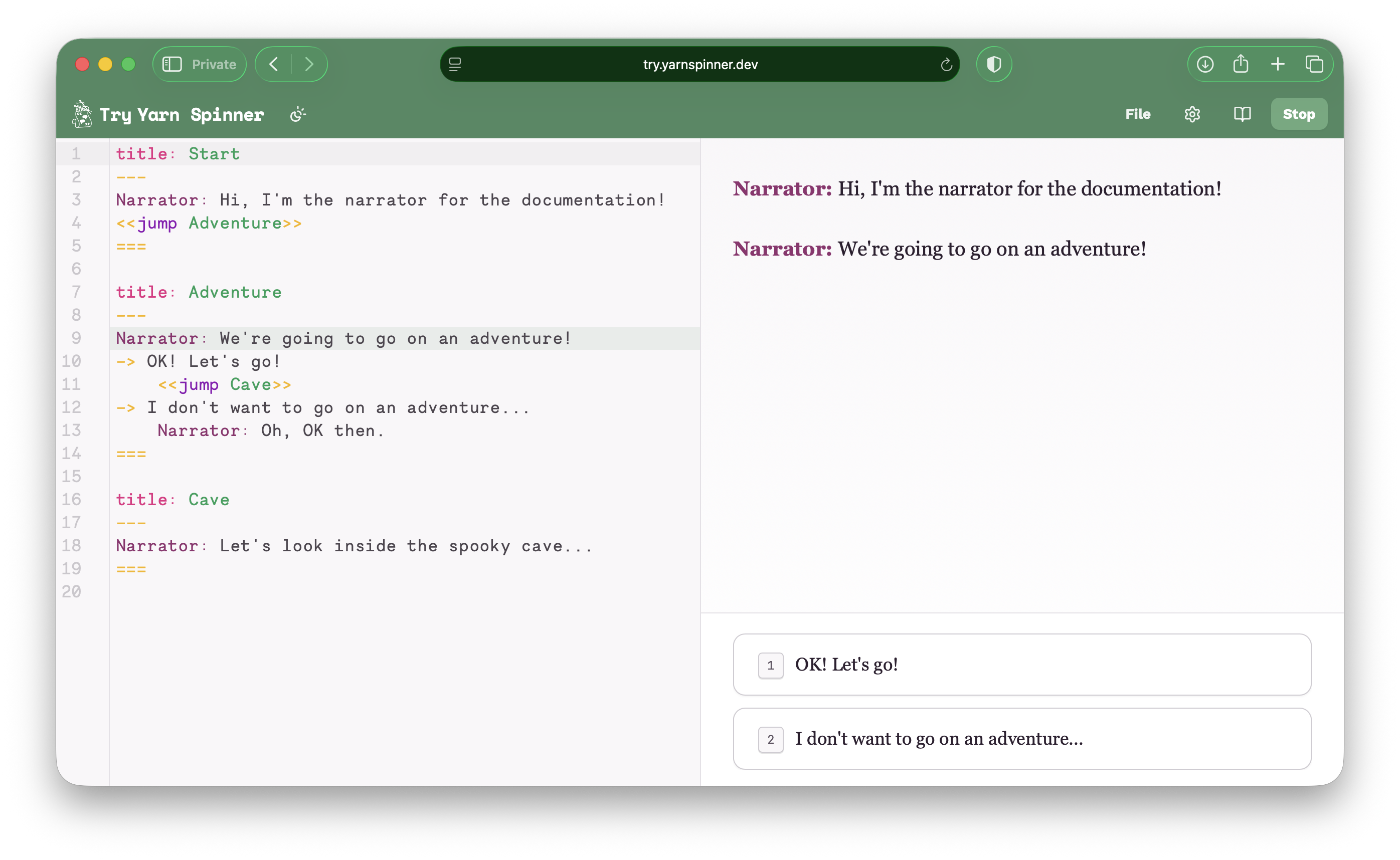 Try Yarn Spinner showing the editor and runner side by side