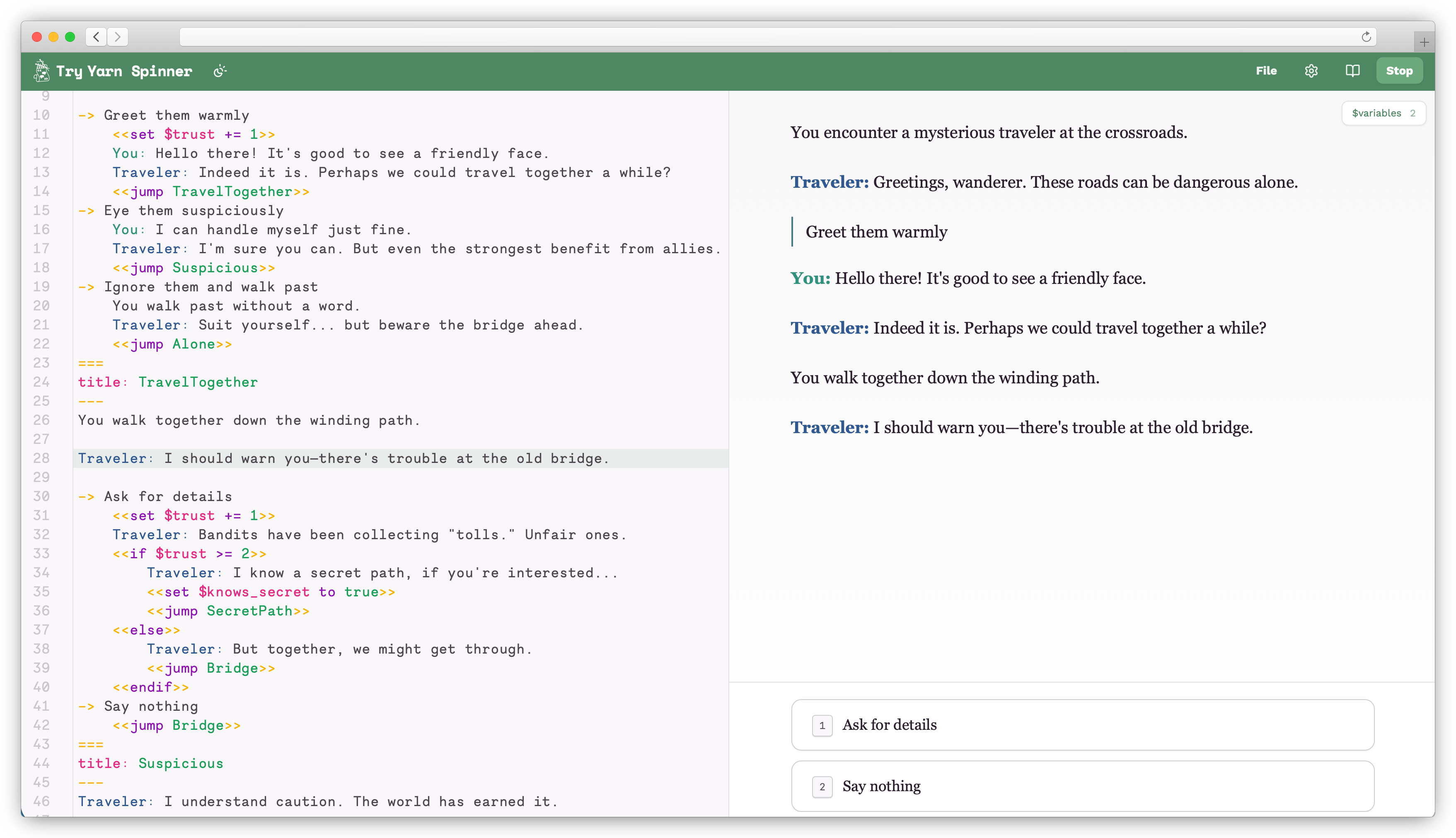 Screenshot of Try Yarn Spinner showing the code editor and dialogue runner side by side